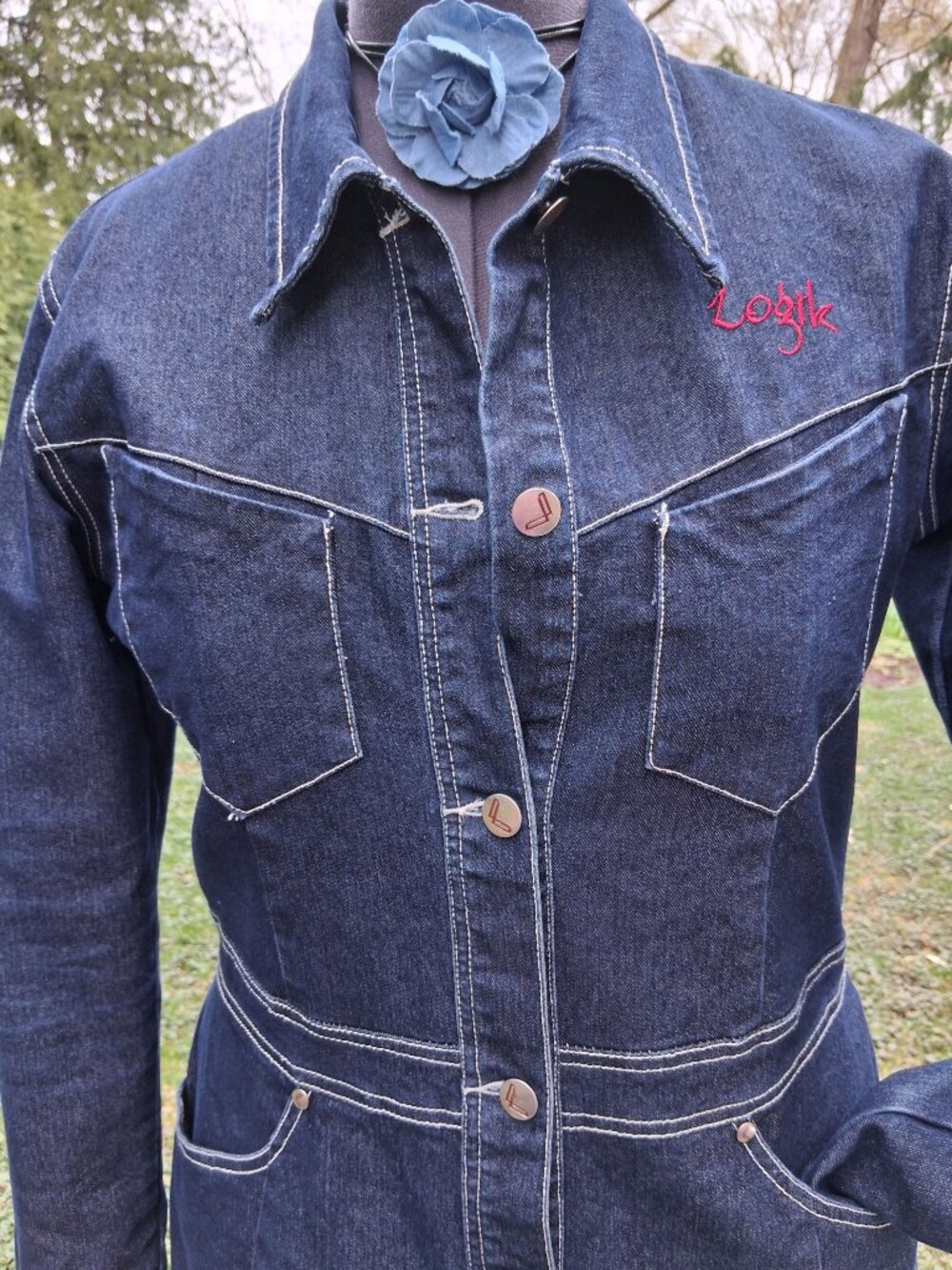 Women's Dark Blue Denim Button-Front Dress Jacket LOGIK Size Large - Picture 3 of 8